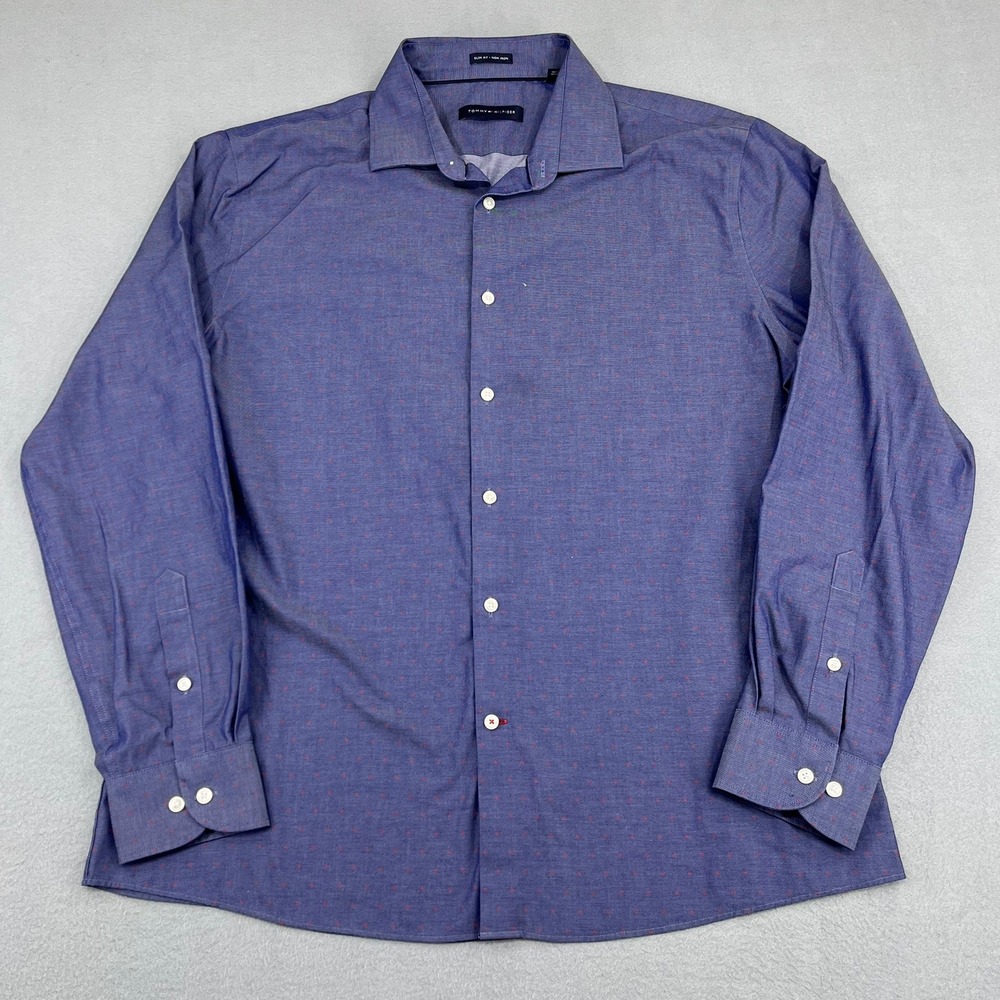 Tommy Hilfiger Mens Dress‎ Shirt Slim Fit Non Iron Blue Red Diamond 17 34/35